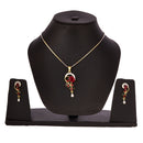 Gold Plated Red Oval American Diamond Studded Pendant Combo Set With Adjustable Bracelet & Ring
