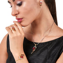 Gold Plated Red Oval American Diamond Studded Pendant Combo Set With Adjustable Bracelet & Ring