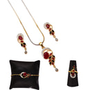 Gold Plated Red Oval American Diamond Studded Pendant Combo Set With Adjustable Bracelet & Ring