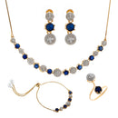 Gold Plated Blue Round American Diamond Studded Round Beaded Pendant Combo Set With Adjustable Bracelet & Ring