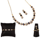 Gold Plated Blue Round American Diamond Studded Round Beaded Pendant Combo Set With Adjustable Bracelet & Ring
