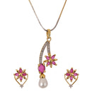 Flower and Leaf Shape Gold-Plated White & Pink Cubic Zirconia Stone-Studded Pendant Jewellery Set Combo