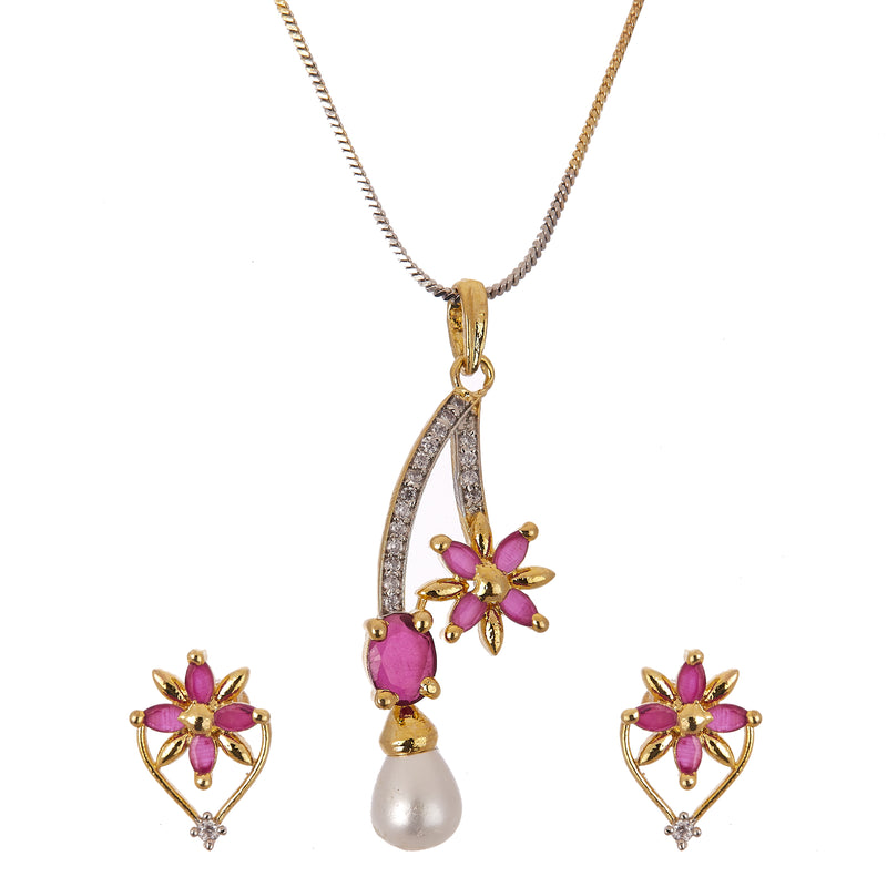 Flower and Leaf Shape Gold-Plated White & Pink Cubic Zirconia Stone-Studded Pendant Jewellery Set Combo