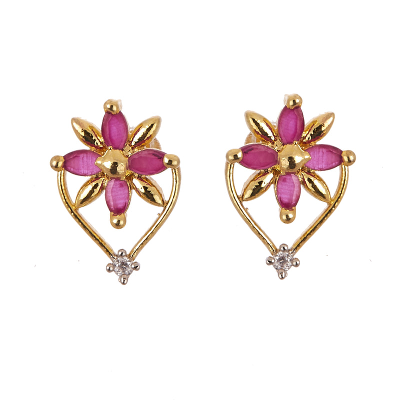 Flower and Leaf Shape Gold-Plated White & Pink Cubic Zirconia Stone-Studded Pendant Jewellery Set Combo