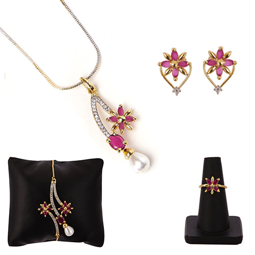 Flower and Leaf Shape Gold-Plated White & Pink Cubic Zirconia Stone-Studded Pendant Jewellery Set Combo