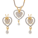 Gold Plated American Diamond Studded Heart Design Pendant Combo Set With Adjustable Bracelet & Ring