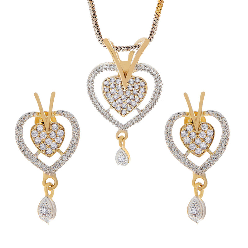 Gold Plated American Diamond Studded Heart Design Pendant Combo Set With Adjustable Bracelet & Ring