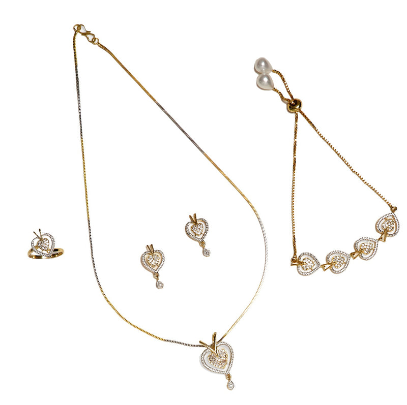 Gold Plated American Diamond Studded Heart Design Pendant Combo Set With Adjustable Bracelet & Ring