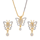 Gold Plated American Diamond Studded Butterfly Design Pendant Combo Set With Adjustable Bracelet & Ring