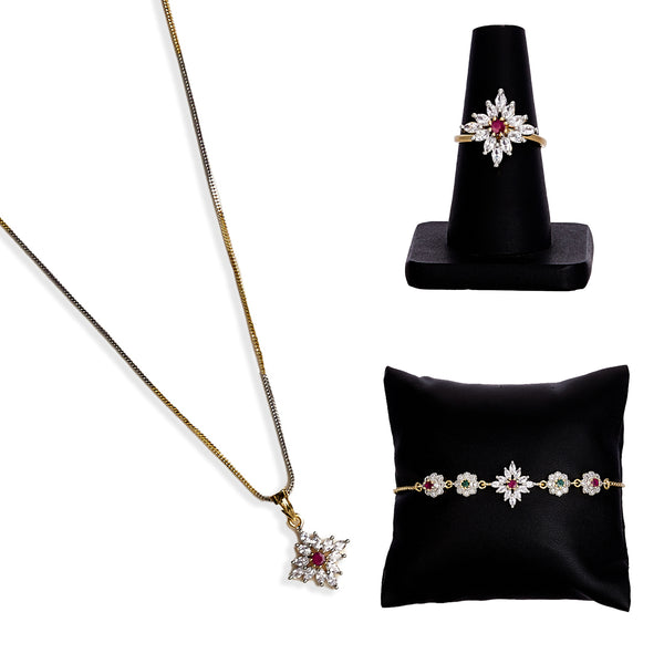 Gold-Plated Cubic Zirconia Red Green White Stone Studded Jewellery Set Combo