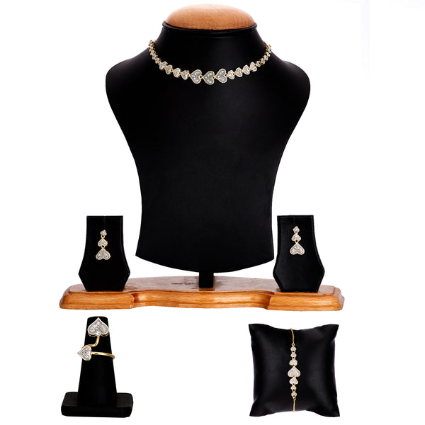Gold Plated American Diamond Studded Heart Design Pendant Combo Set With Adjustable Bracelet & Ring
