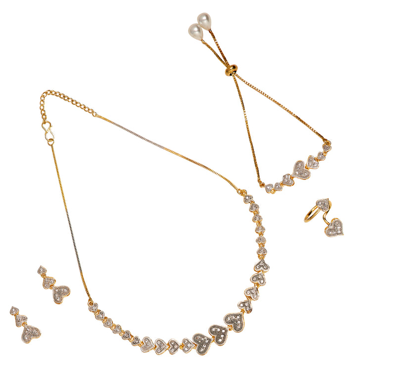 Gold Plated American Diamond Studded Heart Design Pendant Combo Set With Adjustable Bracelet & Ring