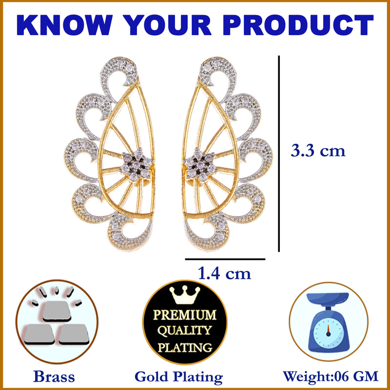 Gold Plated Peacock Feather Shaped American Diamond Studded Ear Cuffs