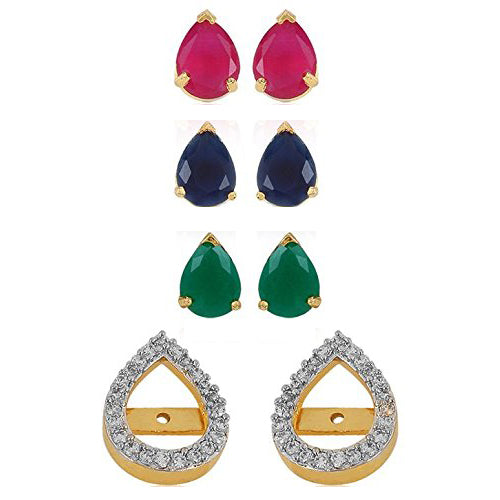 Multi-Color 3  1 Interchangeable Gold Plated American Diamond In Water Drop shape Earring Jewellery