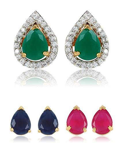 Multi-Color 3  1 Interchangeable Gold Plated American Diamond In Water Drop shape Earring Jewellery