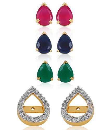 Multi-Color 3  1 Interchangeable Gold Plated American Diamond In Water Drop shape Earring Jewellery