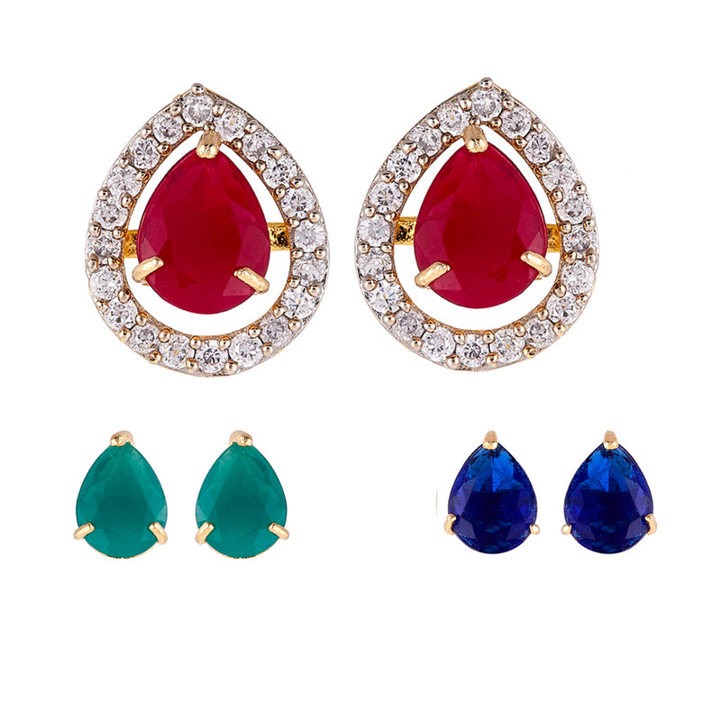 Multi-Color 3  1 Interchangeable Gold Plated American Diamond In Water Drop shape Earring Jewellery