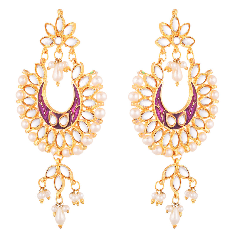 Gold Plated Brass Kundan Pearl Studded Designer Purple Chandbali Jhumka Earring