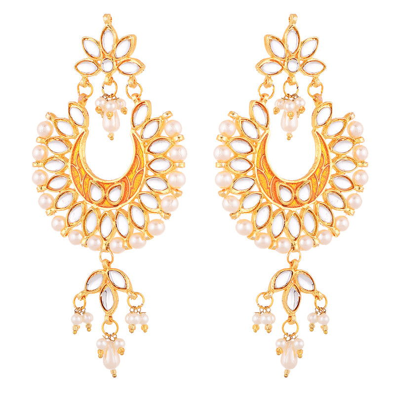 Gold Plated Brass Kundan Pearl Studded Designer Orange Chandbali Jhumka Earring