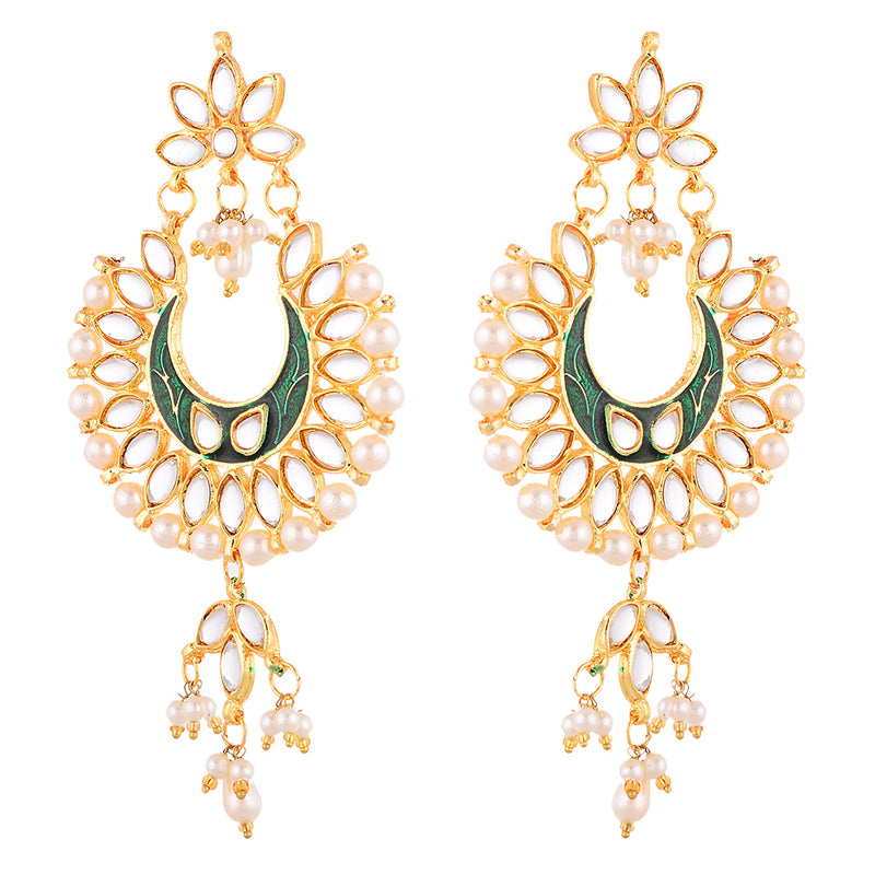 Gold Plated Brass Kundan Pearl Studded Designer Green Chandbali Jhumka Earring