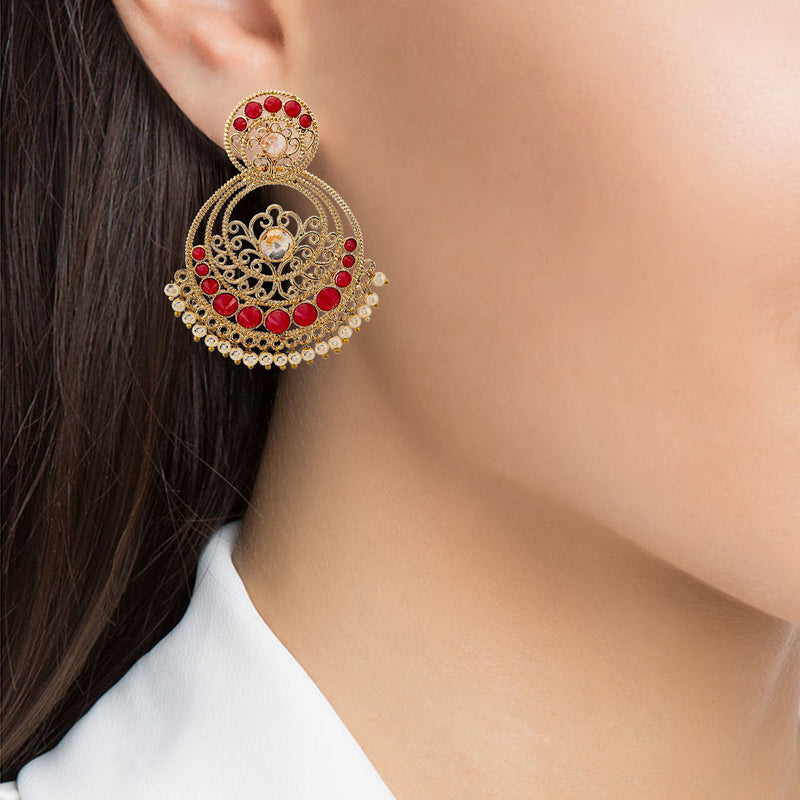 Oxidised Gold Tone Attractive Crystal & Pearl Chandbali Designer Earring Jewellery