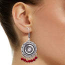 Oxidized Silver Round Earring Drop Red Beads Jewellery For Girl And Women