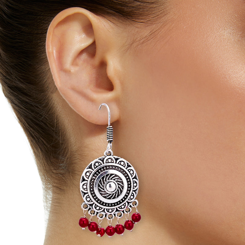 Oxidized Silver Round Earring Drop Red Beads Jewellery For Girl And Women