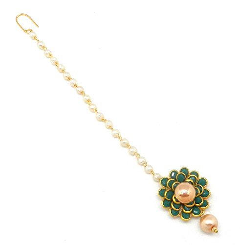 Gold-Plated Pearl Green Flower Maang Tikka