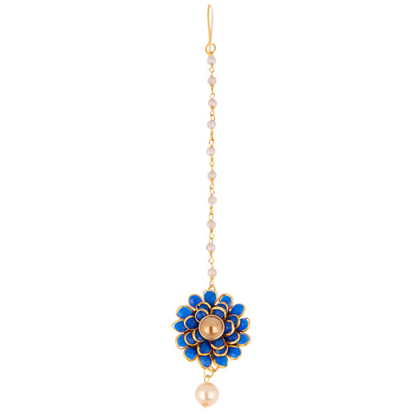 Gold-Plated Pearl Studded Blue Flower Maang Tikka