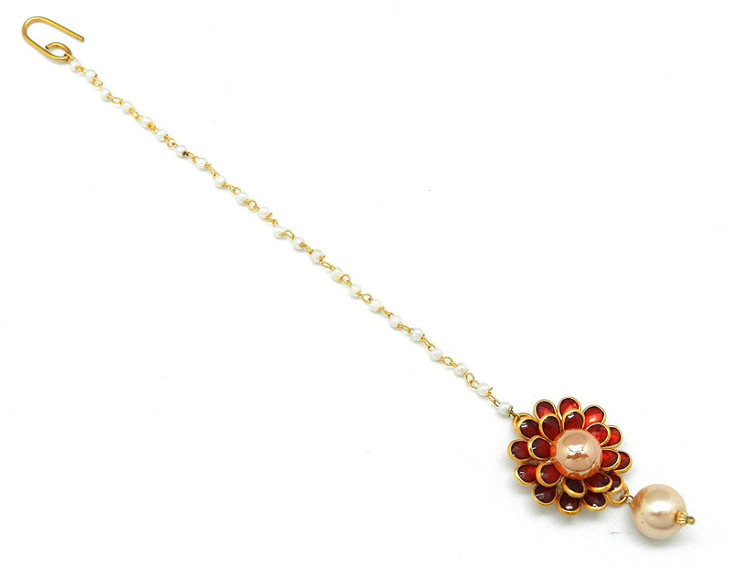 Gold-Plated Pearl Studded Red Flower Maang Tikka