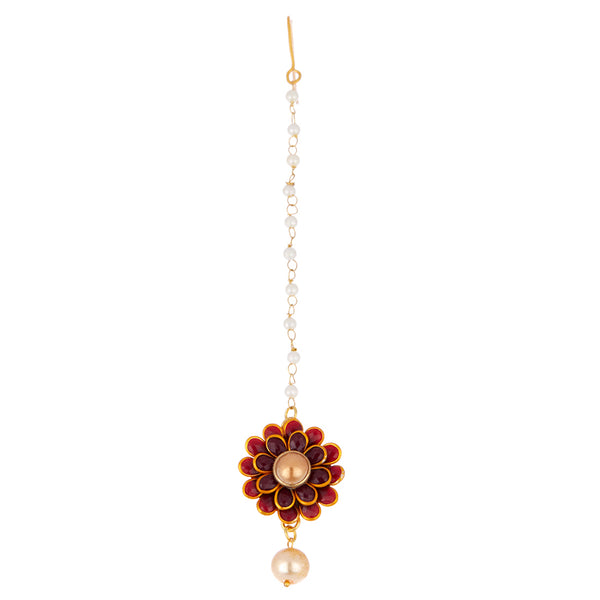 Gold-Plated Pearl Studded Red Flower Maang Tikka