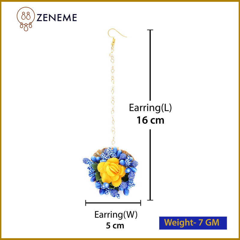 Gold Plated Floral Yellow And Blue Gotta Patti Maang Tikka (Mehandi,Haldi,Bridal,Baby Shower)