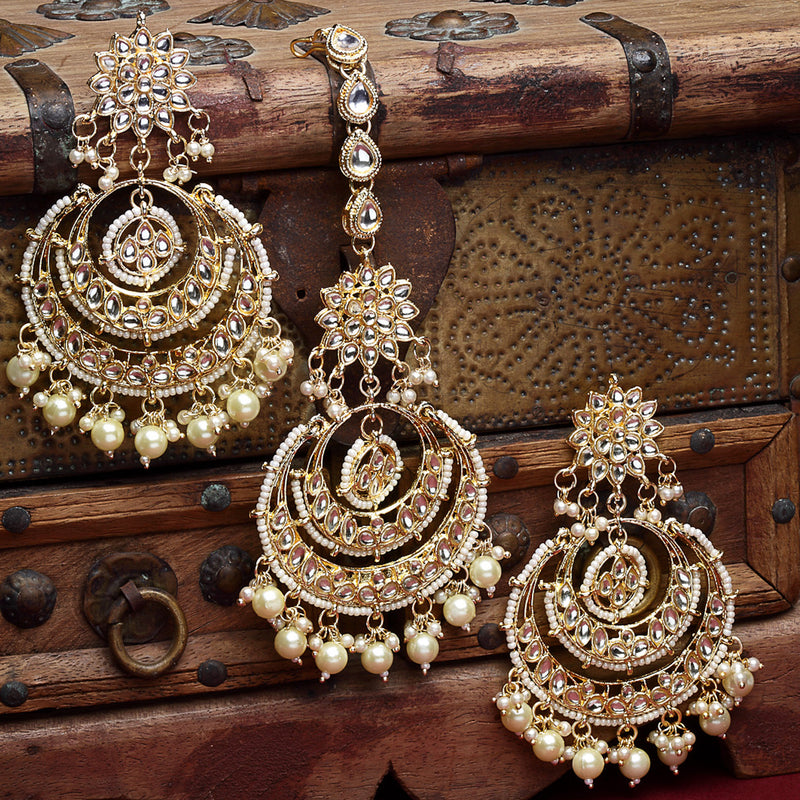 Gold-Plated Pearl Drops Kundan Chandbali Maang Tikka & Earrings Set
