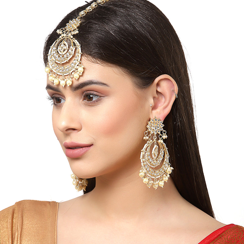 Gold-Plated Pearl Drops Kundan Chandbali Maang Tikka & Earrings Set