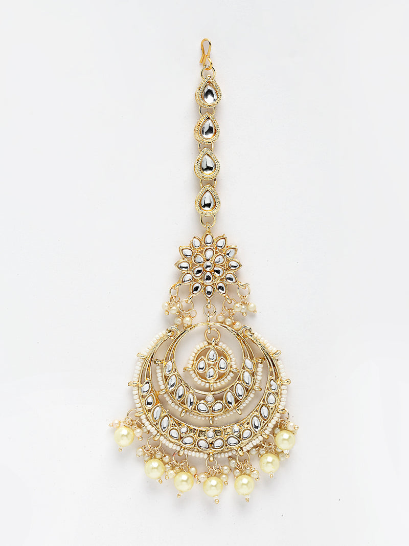 Gold Plated White Stone  Traditional Jewellery Studded & White Pearls Beaded Maang Tikka with Earring Set