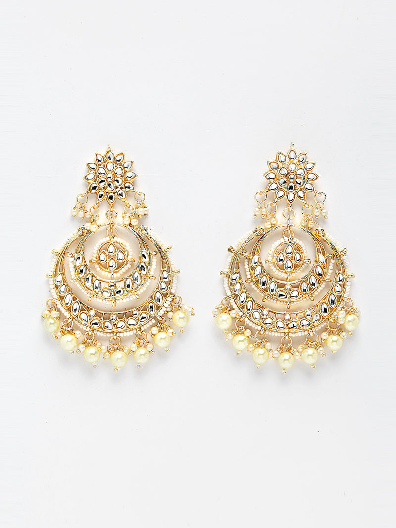 Gold Plated White Stone  Traditional Jewellery Studded & White Pearls Beaded Maang Tikka with Earring Set
