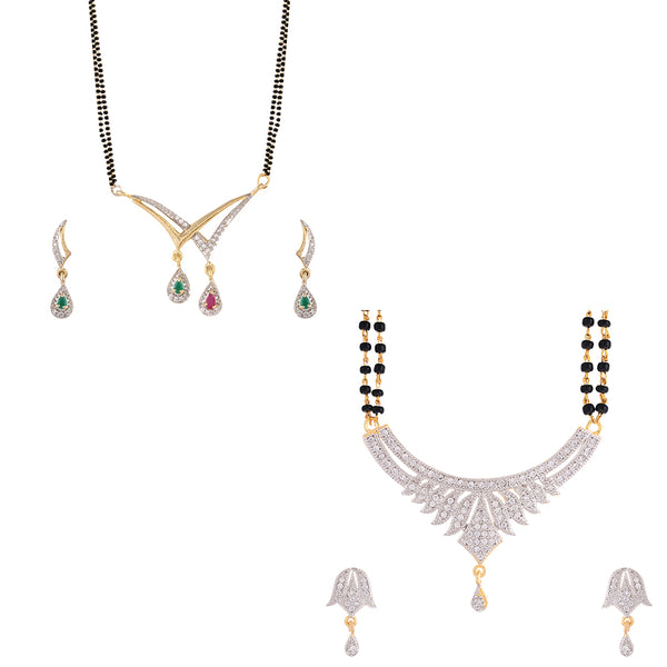 Set of 2 American Diamond Gold Plated Mangalsutra Pendant with Chain for Women
