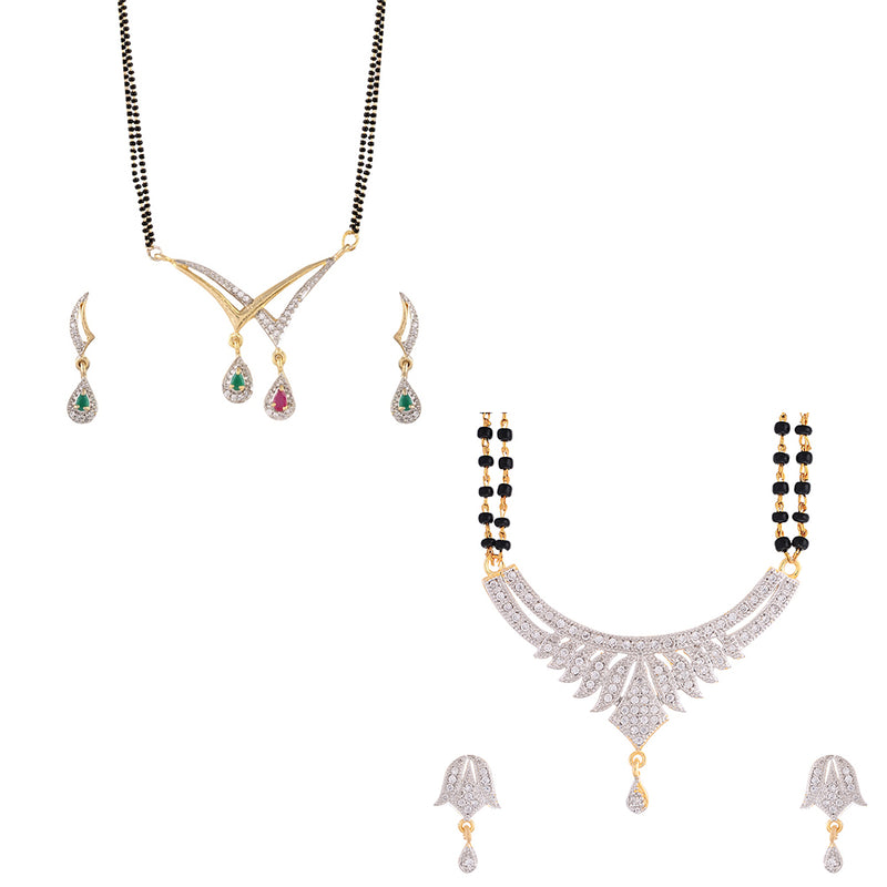 Set of 2 American Diamond Gold Plated Mangalsutra Pendant with Chain for Women