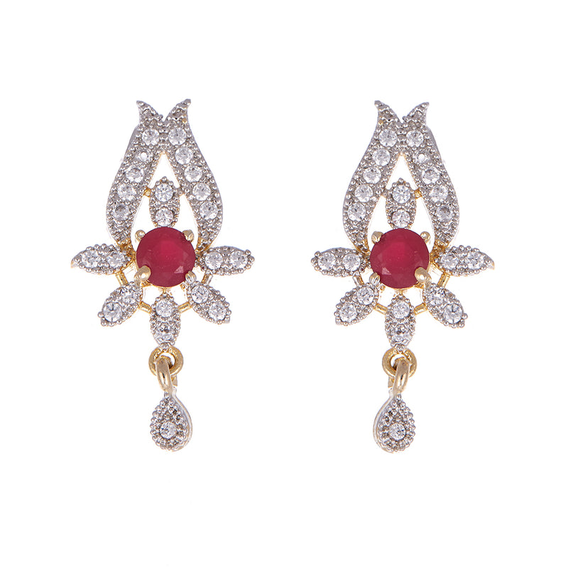 Gold Plated American Diamond Studded Star Drop Red Stone Black Beaded Magalsutra With Earring Traditional Jewellery For Women