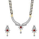 Gold Plated American Diamond Studded Star Drop Red Stone Black Beaded Magalsutra With Earring Traditional Jewellery For Women