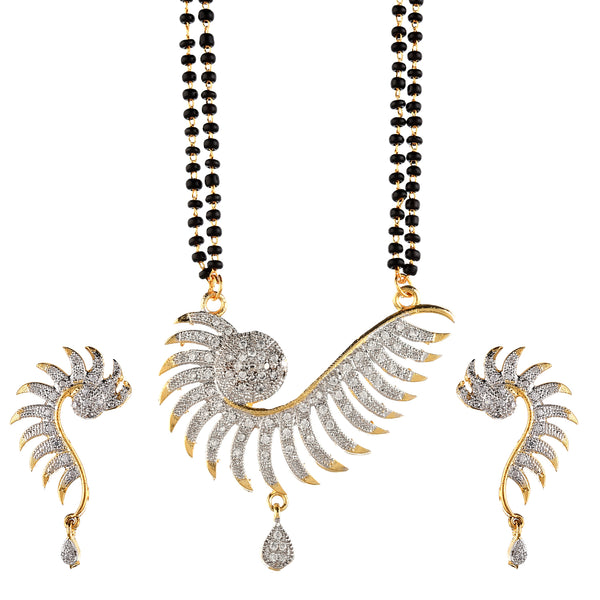 Gold Plated Antique American Diamond Peacock Style CZ Pendant Magalsutra With Earring Jewellery Set for Women