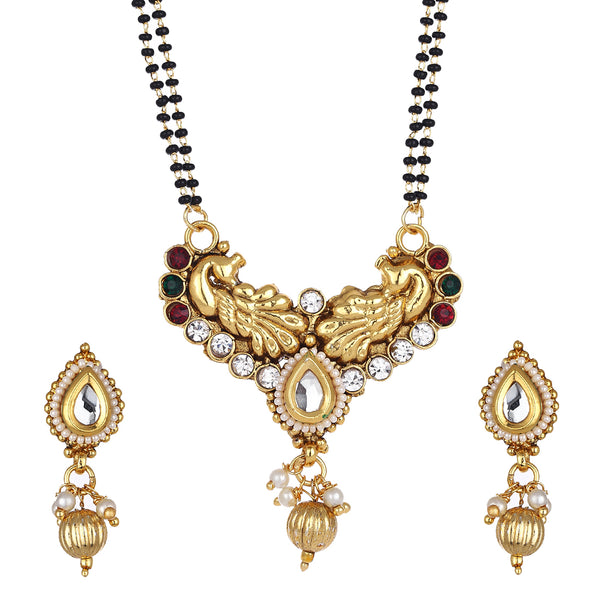 Tradional Peacock Style Copper Alloy Gold Plated  Mangalsutra With Earrings For Women