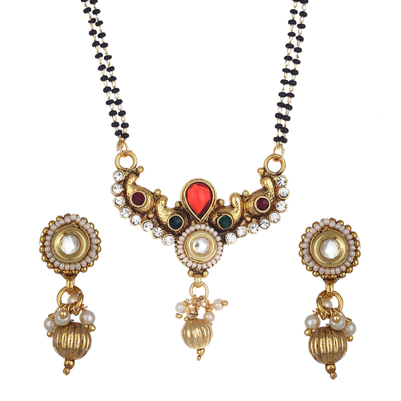 Gold Plated Multi Color American Diamond and Pearl Mangalsutra with Earrings for Women
