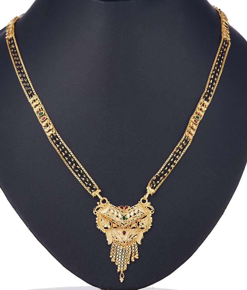 Gold Plated Traditional Tribal Style Pendant Long Golden Chain Mangalsutra With Black Bead Tanmaniya Nallapusalu Jewellery for Women