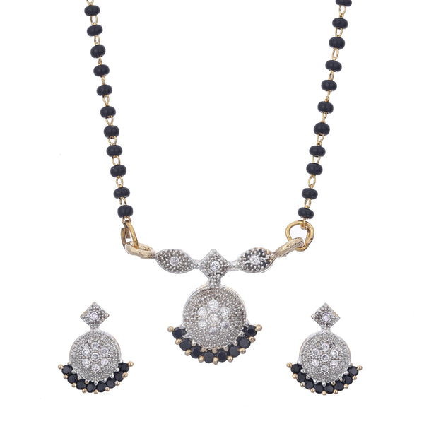 Gold Plated American Diamond Studded Black and White Tanmaniya Nallapusalu MangalsutraWith Earrings Jewellery For Women