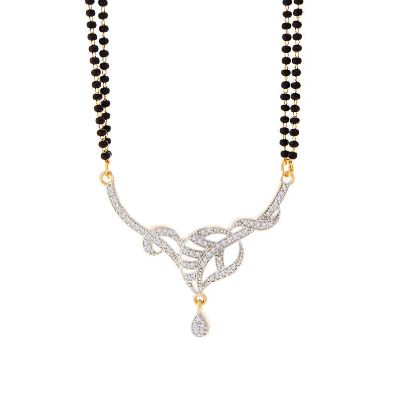 Magalsutra Gold Plated American Diamond Studded Leaf Shaped Pendant with Earrings for Women.