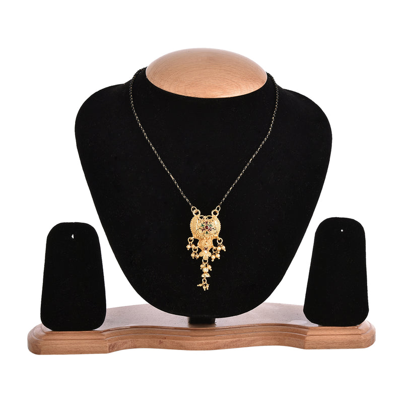 Tradition Style Flower Shaped Gold Plated  Black Beads Chain Mangalsutra  For Women