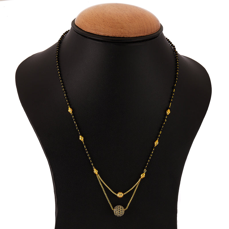 Mangalsutra Gold Plated American Diamond Studded Multi Strand Golden Pearl With Black Bead Chain Jewellery For Women