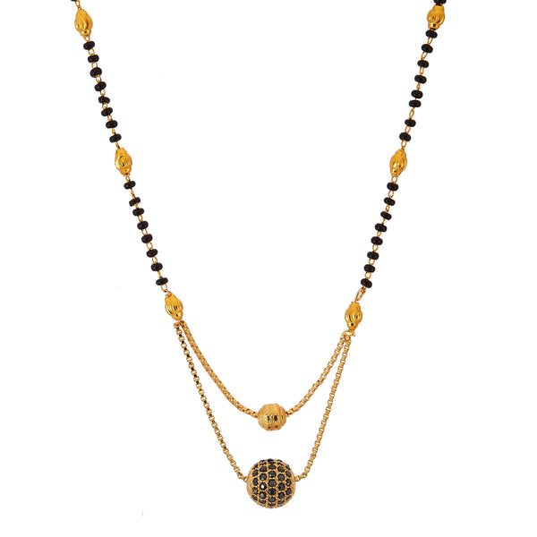 Mangalsutra Gold Plated American Diamond Studded Multi Strand Golden Pearl With Black Bead Chain Jewellery For Women