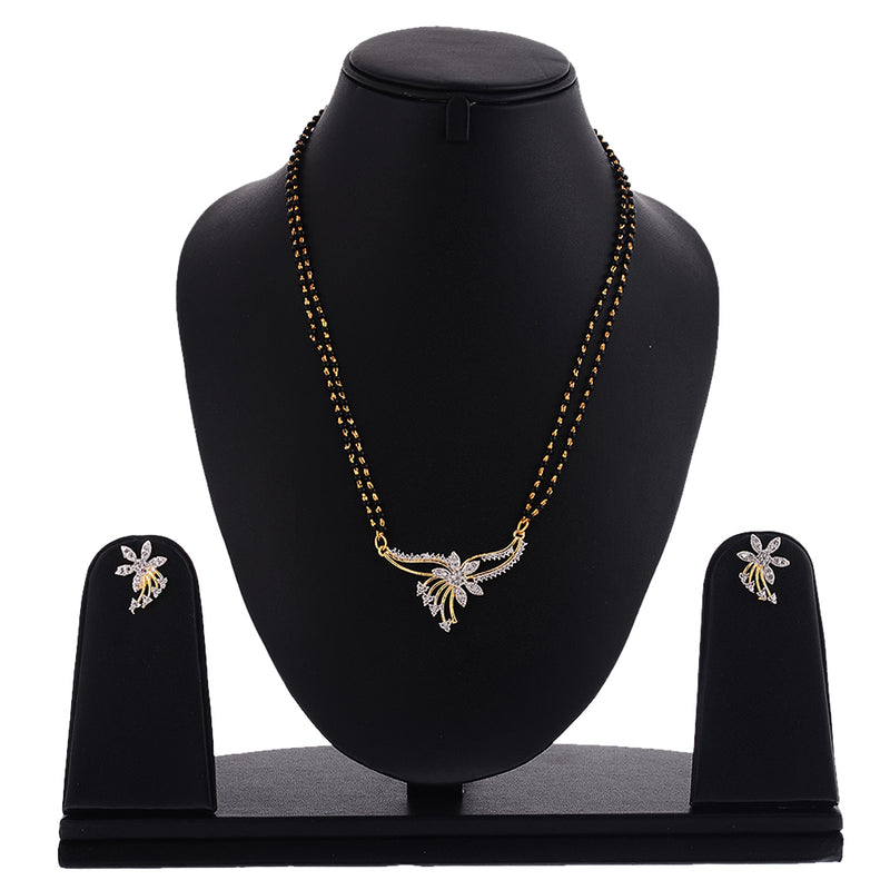 Mangalsutra American Diamond Studded Gold Plated Floral Design Traditional Jewellery with Black Beads & Earrings Combo for Women